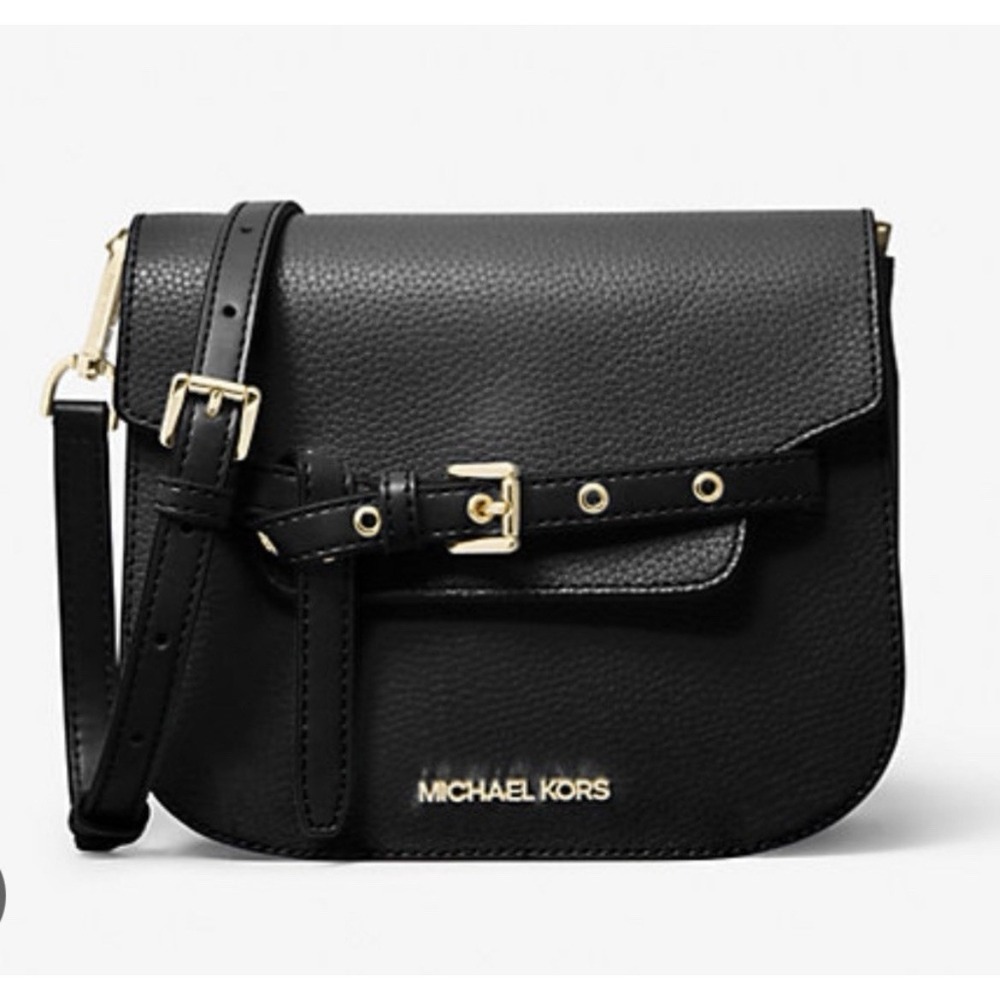 Michael Kors Emilia Small Signature Logo Saddle Crossbody Bag in Black Gold